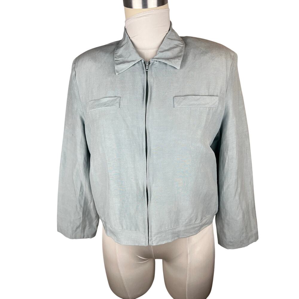 CLIO Silk Linen Zip Front Jacket Light Blue Minimalist Cropped Size M